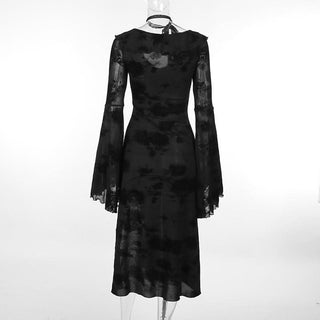 Long flared sleeve v neck slit ruffle midi dress