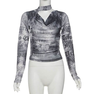 Cowl neck long sleeve mesh abstract print top