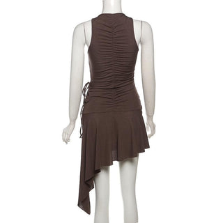 Irregular ruched drawstring buckle tank mini dress