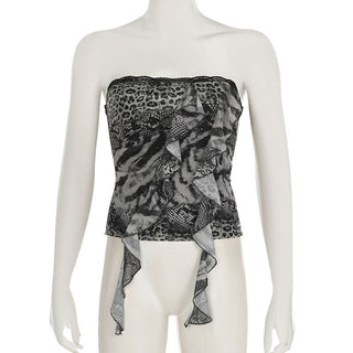 Leopard print ruffle lace hem tube top