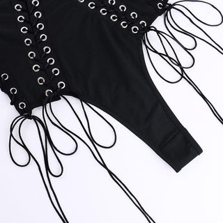 V neck lace up hollow out solid cami bodysuit