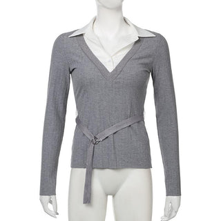 Turnover collar long sleeve ribbed belt top