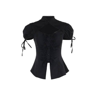 Hollow out button self tie lace hem ruched puff sleeve cut out top