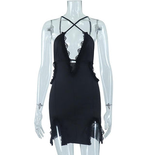 Deep v neck cross front lace hem backless cami mini dress