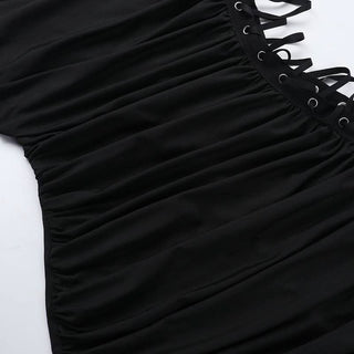 Square neck lace up ruched hollow out cut out midi dress