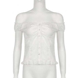 Off shoulder ruched button ruffle top
