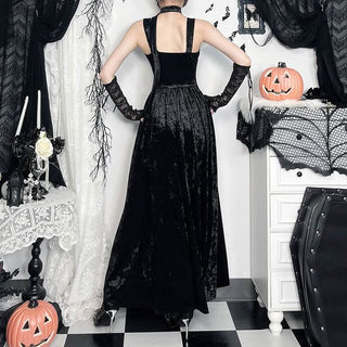 Lace hem velvet cross square neck maxi dress