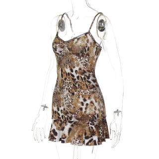 Leopard print v neck lace hem ruffle cami skirt set