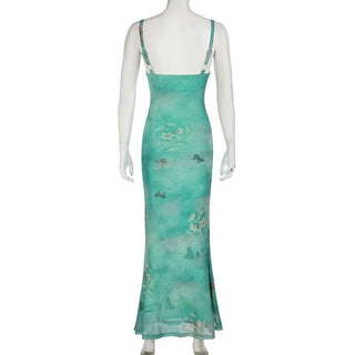 Cowl neck mesh butterfly print ruched cami maxi dress