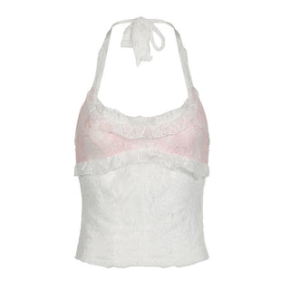 Halter u neck lace hem ruffle top