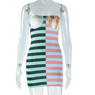 Striped print padded stitch contrast tube mini dress