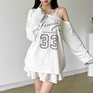 One shoulder long sleeve "33" print top