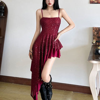 Square neck glitter irregular cami mini dress