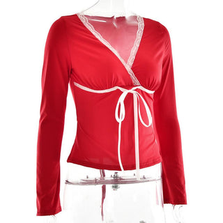 Lace hem long sleeve v neck ribbon ruched top