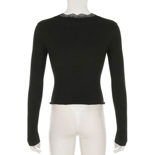 V neck long sleeve lace hem flower applique top