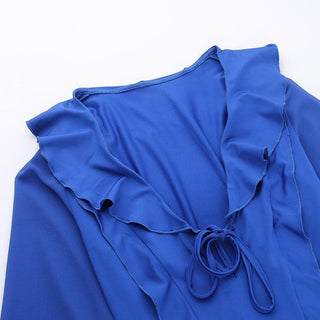Ruffle long flared sleeve self tie chiffon solid mini dress