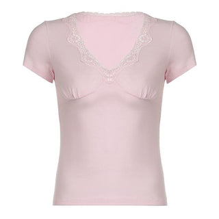 Short sleeve v neck ruched lace hem top