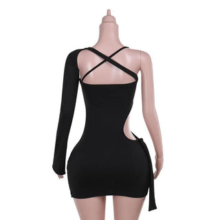 Irregular long sleeve hollow out o ring cut out mini dress