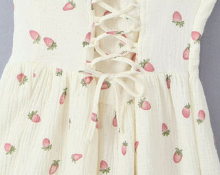 Square neck strawberry print lace up cami mini dress