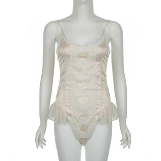 Lace patchwork satin ruffle cami bodysuit