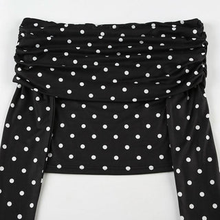 Polka dot off shoulder long sleeve ruched top