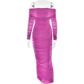 Off shoulder long sleeve slit mesh ruched maxi dress