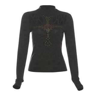 High neck long sleeve beaded cross pattern hollow out cut out top