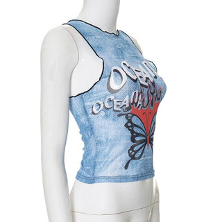Ruffle butterfly print sheer mesh tank top