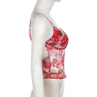 V neck flower print lace see through cami top