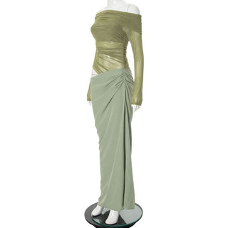 Off shoulder long sleeve mesh patchwork ruched hollow out maix dress