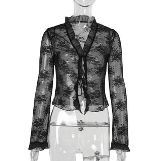 Long sleeve v neck lace self tie top