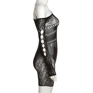 Off shoulder gloves long sleeve lace fishnet button see through romper