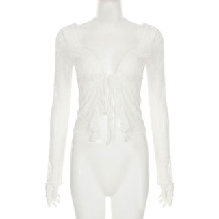 Long sleeve lace ruffle irregular self tie top