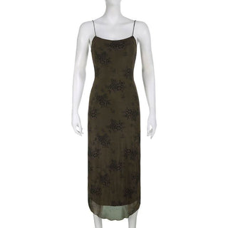 Flower print mesh zip-up cami maxi dress