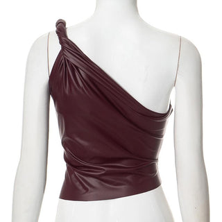 One shoulder PU leather ruched backless top