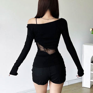 Long sleeve mesh print irregular solid top