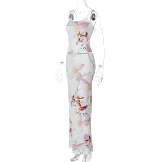 Flower print u neck adjustable cami maxi skirt set