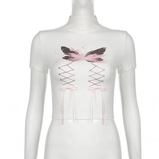 Short sleeve high neck butterfly print bowknot crop top