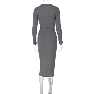 Turnover collar long sleeve slit self tie midi dress