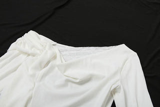 One shoulder long sleeve ruched ruffle lace hem top