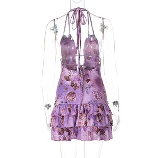 Deep v neck halter flower print ruffle mini dress