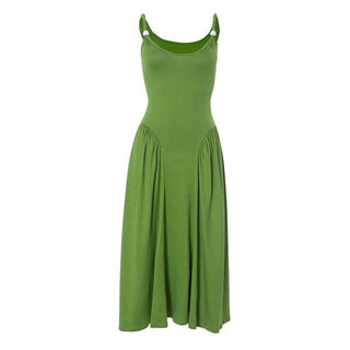 Ruched u neck beaded solid cami midi dress