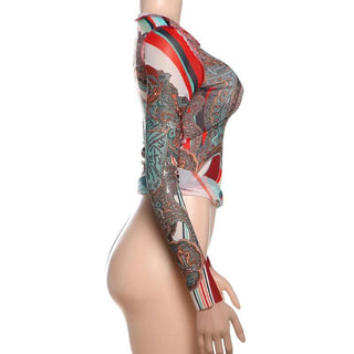 Long sleeve crewneck mesh abstract print top