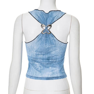 Ruffle butterfly print sheer mesh tank top
