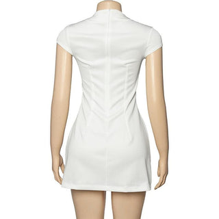 Cap sleeve crewneck stitch solid mini dress