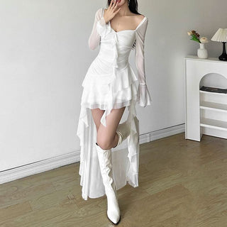 Long flared sleeve irregular mesh ruched mini dress