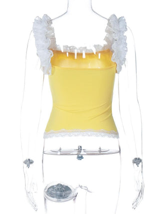 Square neck bowknot lace hem ruched cami top
