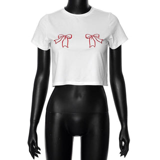 Short sleeve bowknot embroidery crewneck crop top