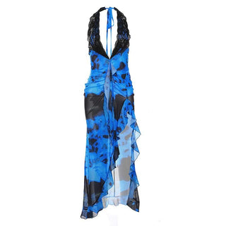 Self tie halter lace hem irregular backless contrast maxi dress