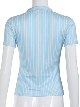 Turnover collar short sleeve striped print button top